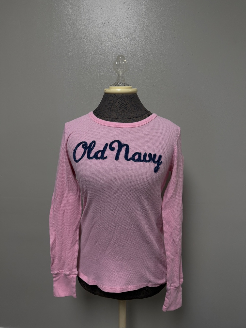 Old Navy Light Pink Waffle Knit Long Sleeve Top with Navy Logo